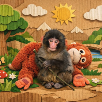 PUNCH, Young macaque with plush companion